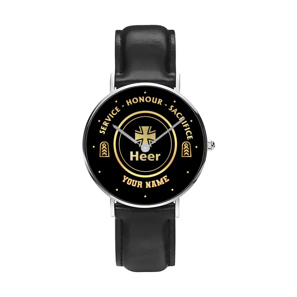 Personalized Germany Soldier/ Veteran With Name, Rank Black Stitched Leather Watch - 2603240001 - Gold Version