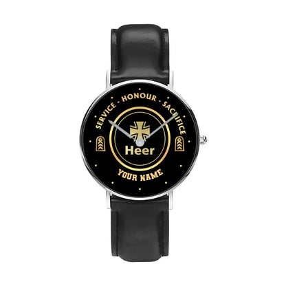 Personalized Germany Soldier/ Veteran With Name, Rank Black Stitched Leather Watch - 17114112 - Gold Version