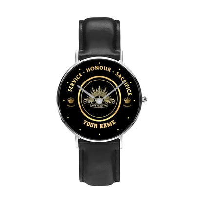 Personalized Australian Soldier/ Veteran With Name, Rank Black Stitched Leather Watch - 17114112 - Gold Version
