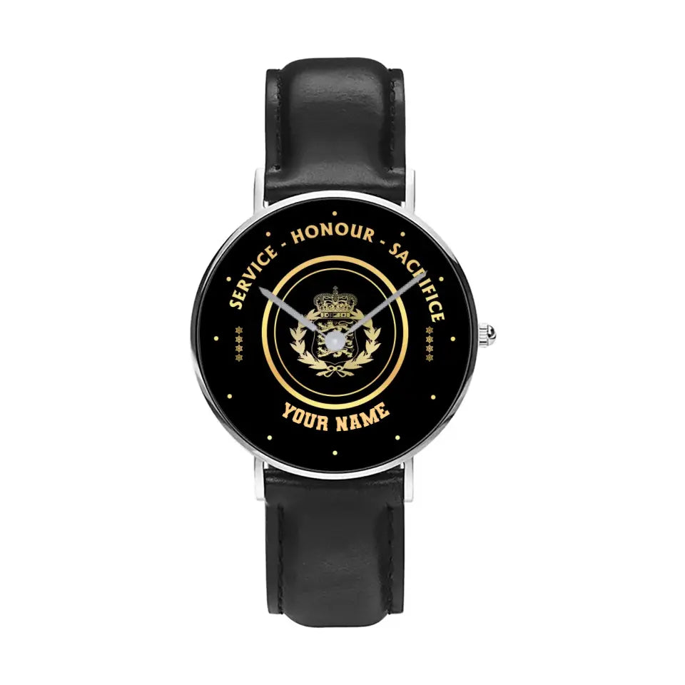 Personalized Denmark Soldier/ Veteran With Name, Rank Black Stitched Leather Watch - 2603240001 - Gold Version
