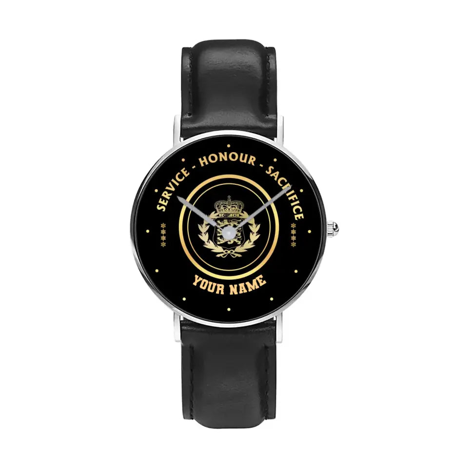 Personalized Denmark Soldier/ Veteran With Name, Rank Black Stitched Leather Watch - 17114112 - Gold Version