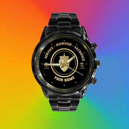 Personalized Norway Soldier/ Veteran With Name And Rank Black Stainless Steel Watch - 2603240001 - Gold Version