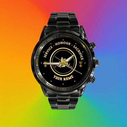 Personalized UK Soldier/ Veteran With Name And Rank Black Stainless Steel Watch - 17114112 - Gold Version