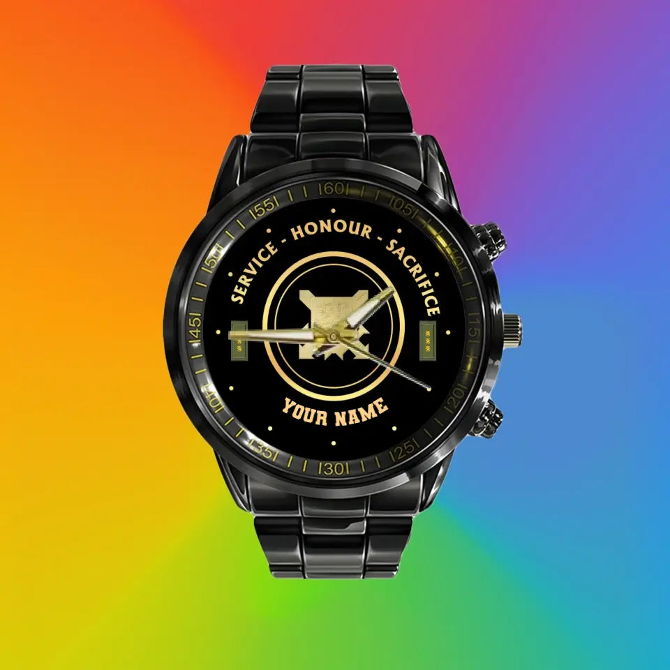 Personalized Finland Soldier/ Veteran With Name And Rank Black Stainless Steel Watch - 2603240001 - Gold Version