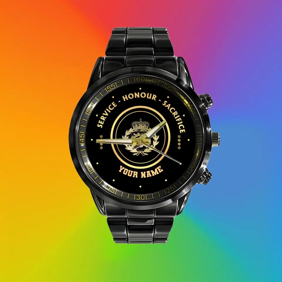 Personalized Denmark Soldier/ Veteran With Name And Rank Black Stainless Steel Watch - 2603240001 - Gold Version