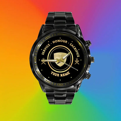 Personalized Swiss Soldier/ Veteran With Name And Rank Black Stainless Steel Watch - 17114112 - Gold Version