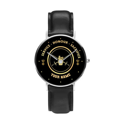 Personalized UK Soldier/ Veteran With Name, Rank Black Stitched Leather Watch - 17114112 - Gold Version