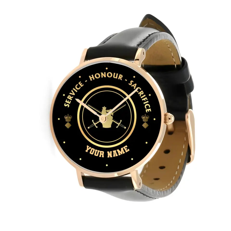 Personalized UK Soldier/ Veteran With Name, Rank Black Stitched Leather Watch - 17114112 - Gold Version
