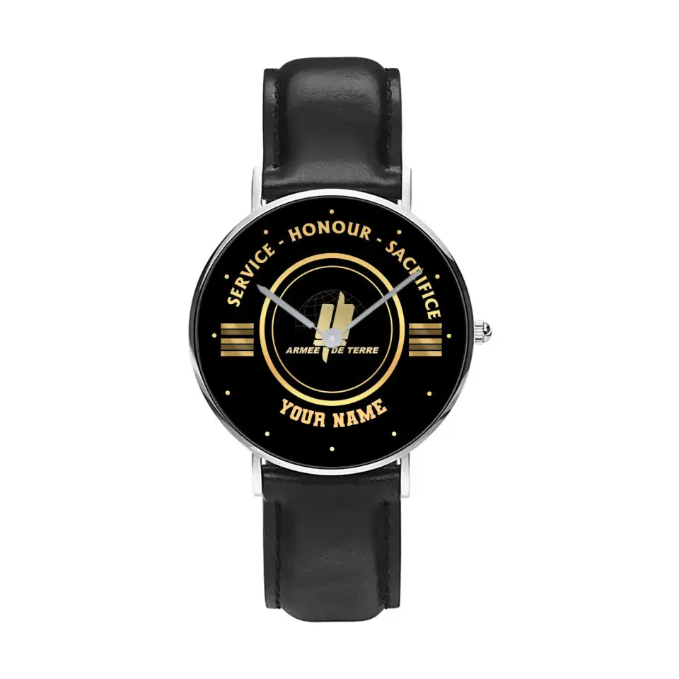 Personalized France Soldier/ Veteran With Name, Rank Black Stitched Leather Watch - 17114112 - Gold Version