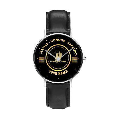 Personalized France Soldier/ Veteran With Name, Rank Black Stitched Leather Watch - 17114112 - Gold Version