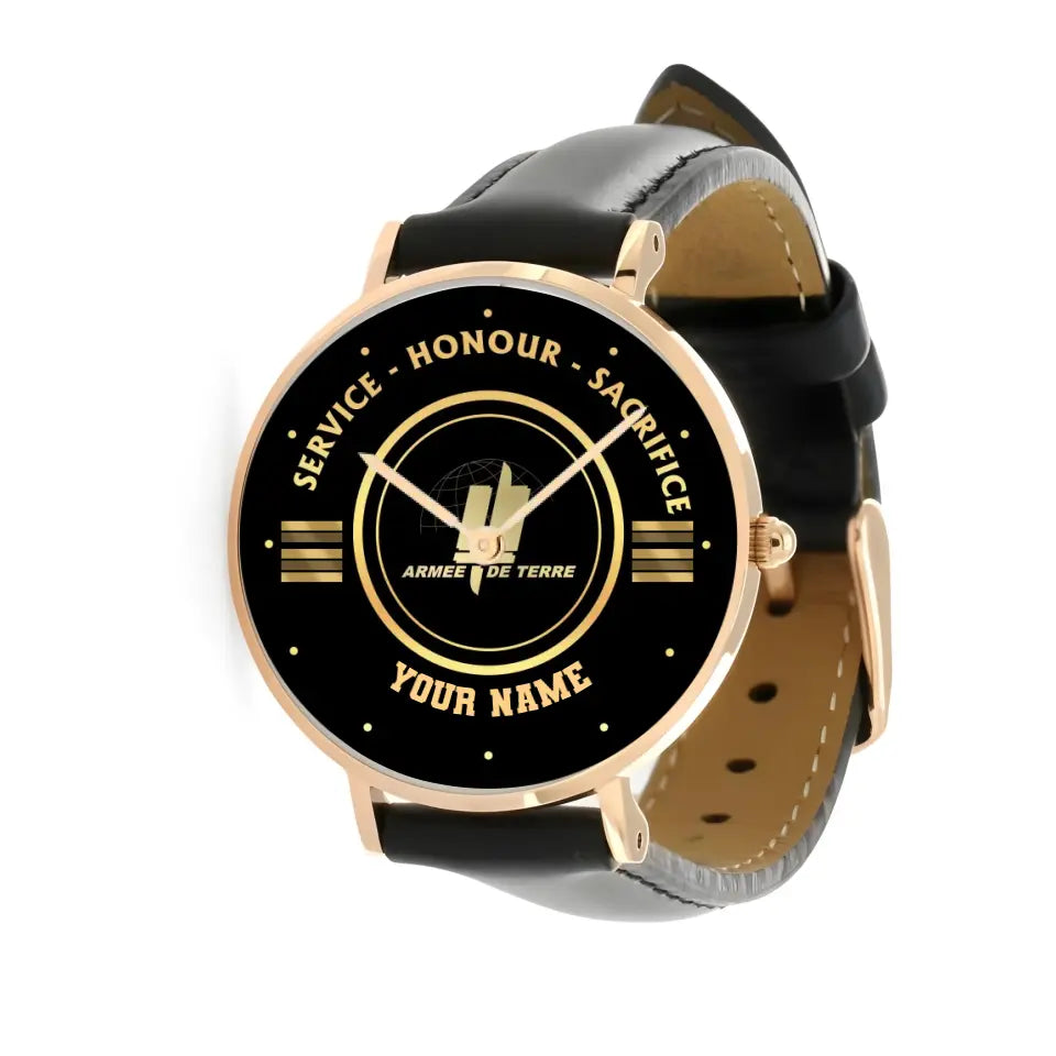 Personalized France Soldier/ Veteran With Name, Rank Black Stitched Leather Watch - 17114112 - Gold Version