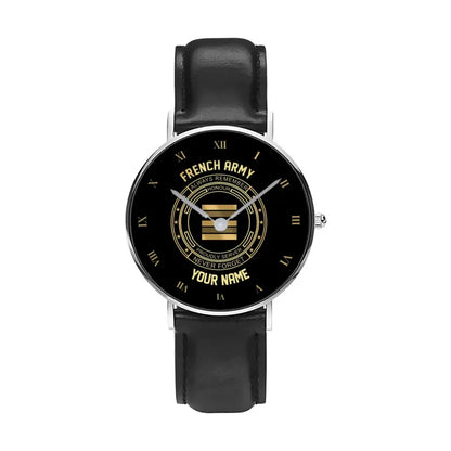 Personalized France Soldier/ Veteran With Name, Rank Black Stitched Leather Watch - 17115840 - Gold Version
