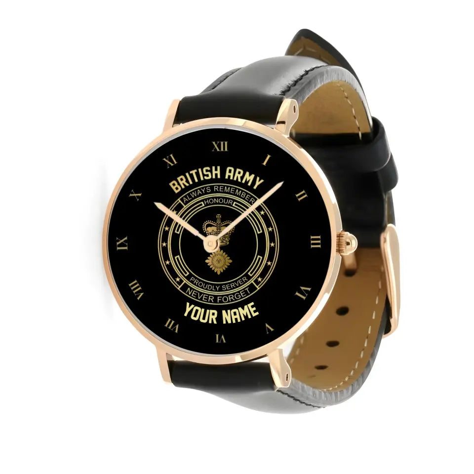 Personalized UK Soldier/ Veteran With Name, Rank Black Stitched Leather Watch - 17115840 - Gold Version