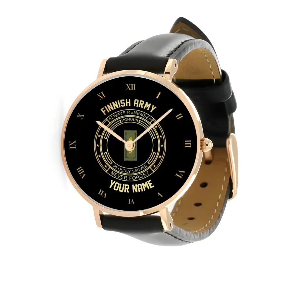 Personalized Finland Soldier/ Veteran With Name, Rank Black Stitched Leather Watch - 17115840 - Gold Version