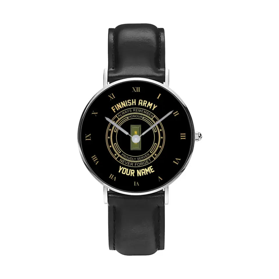 Personalized Finland Soldier/ Veteran With Name, Rank Black Stitched Leather Watch - 2803240001 - Gold Version