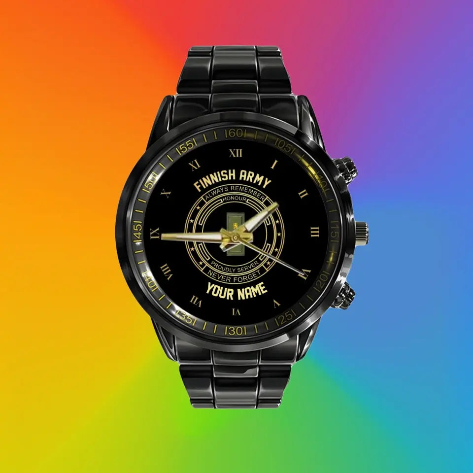 Personalized Finland Soldier/ Veteran With Name And Rank Black Stainless Steel Watch - 2803240001 - Gold Version