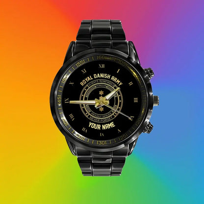 Personalized Denmark Soldier/ Veteran With Name And Rank Black Stainless Steel Watch - 17115840 - Gold Version