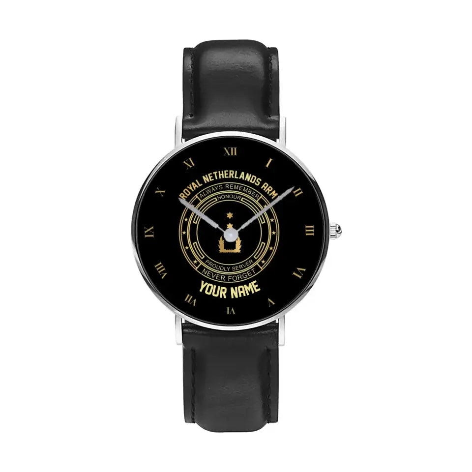 Personalized Netherlands Soldier/ Veteran With Name, Rank Black Stitched Leather Watch - 17115840 - Gold Version