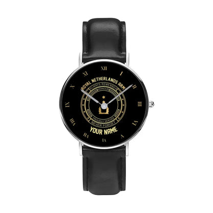 Personalized Netherlands Soldier/ Veteran With Name, Rank Black Stitched Leather Watch - 17115840 - Gold Version