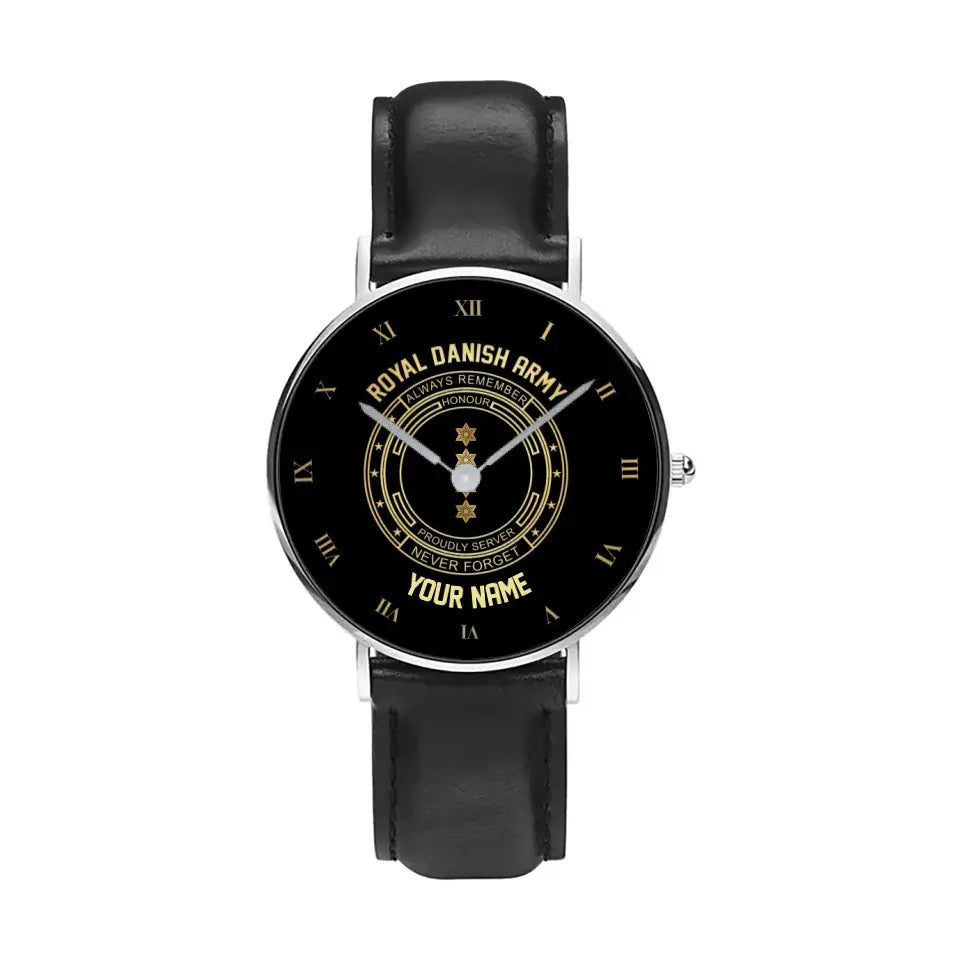 Personalized Denmark Soldier/ Veteran With Name, Rank Black Stitched Leather Watch - 2803240001 - Gold Version