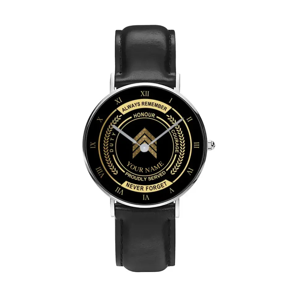 Personalized Denmark Soldier/ Veteran With Name, Rank Black Stitched Leather Watch - 0603240002 - Gold Version