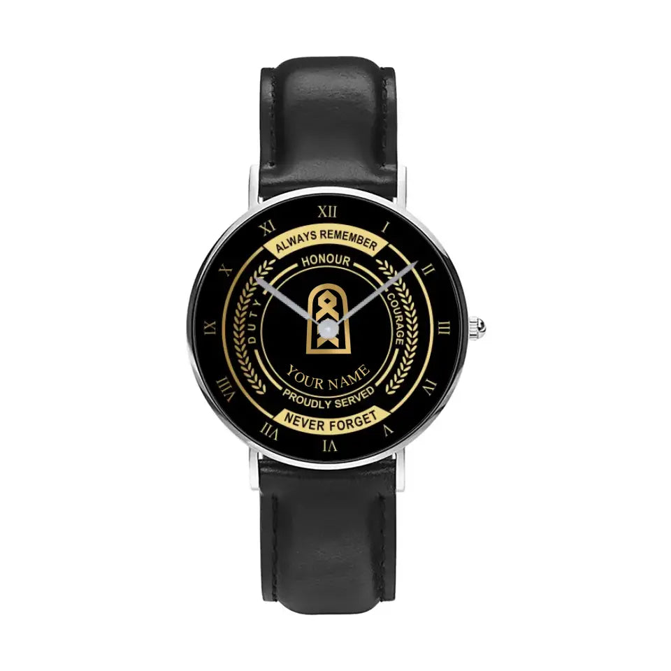 Personalized Germany Soldier/ Veteran With Name, Rank Black Stitched Leather Watch - 0603240002 - Gold Version