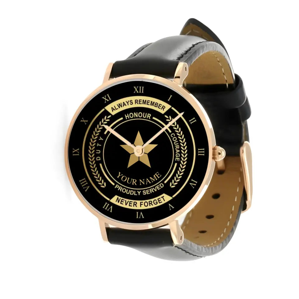 Personalized Norway Soldier/ Veteran With Name, Rank Black Stitched Leather Watch - 1709683201 - Gold Version