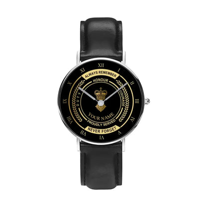 Personalized UK Soldier/ Veteran With Name, Rank Black Stitched Leather Watch - 1709683201 - Gold Version