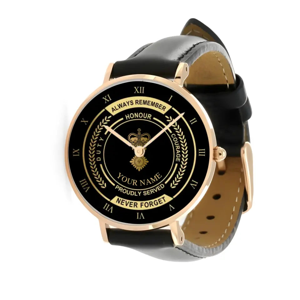 Personalized UK Soldier/ Veteran With Name, Rank Black Stitched Leather Watch - 1709683201 - Gold Version