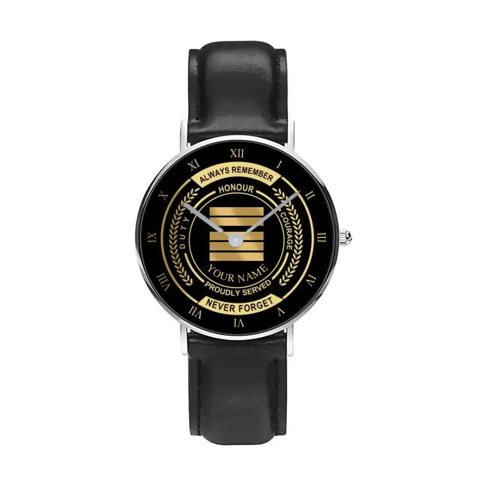 Personalized France Soldier/ Veteran With Name, Rank Black Stitched Leather Watch - 17096832 - Gold Version