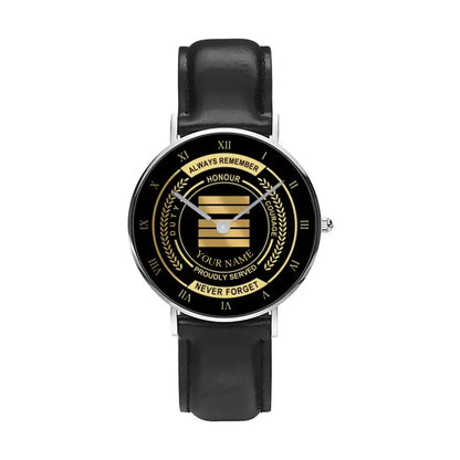 Personalized France Soldier/ Veteran With Name, Rank Black Stitched Leather Watch - 17096832 - Gold Version