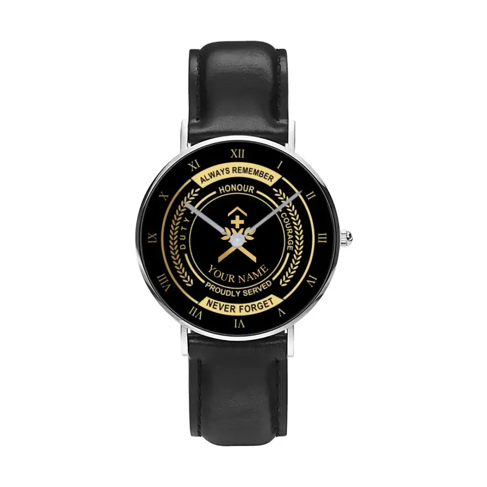 Personalized Swiss Soldier/ Veteran With Name, Rank Black Stitched Leather Watch - 1709683201 - Gold Version