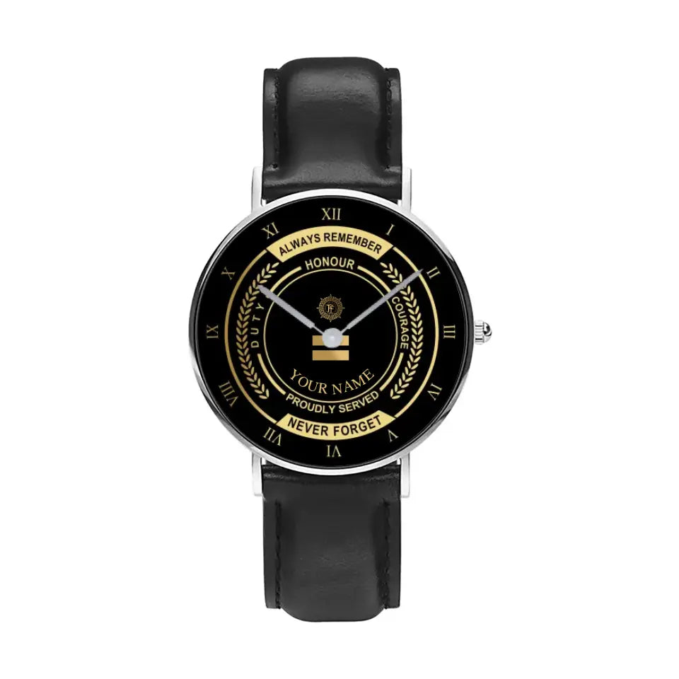 Personalized Ireland Soldier/ Veteran With Name, Rank Black Stitched Leather Watch - 1709683201 - Gold Version