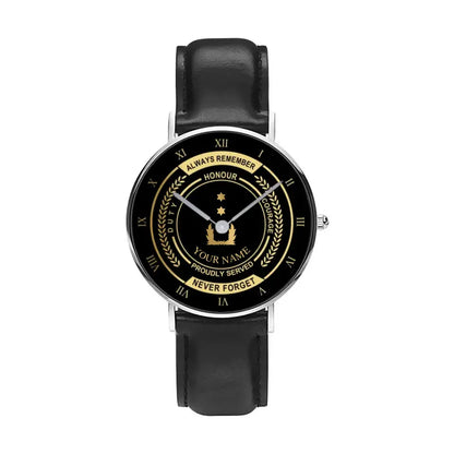 Personalized Netherlands Soldier/ Veteran With Name, Rank Black Stitched Leather Watch - 17096832 - Gold Version