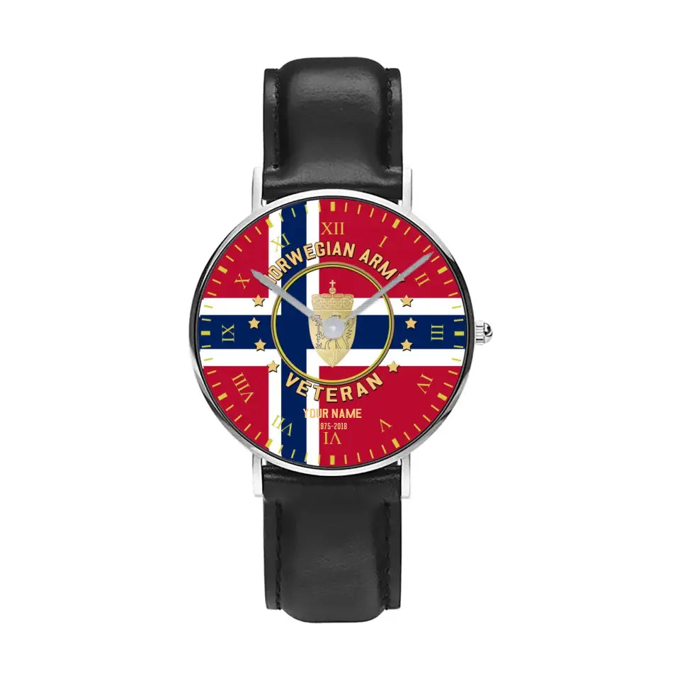 Personalized Norway Soldier/ Veteran With Name And Year Black Stitched Leather Watch - 0204240001 - Gold Version