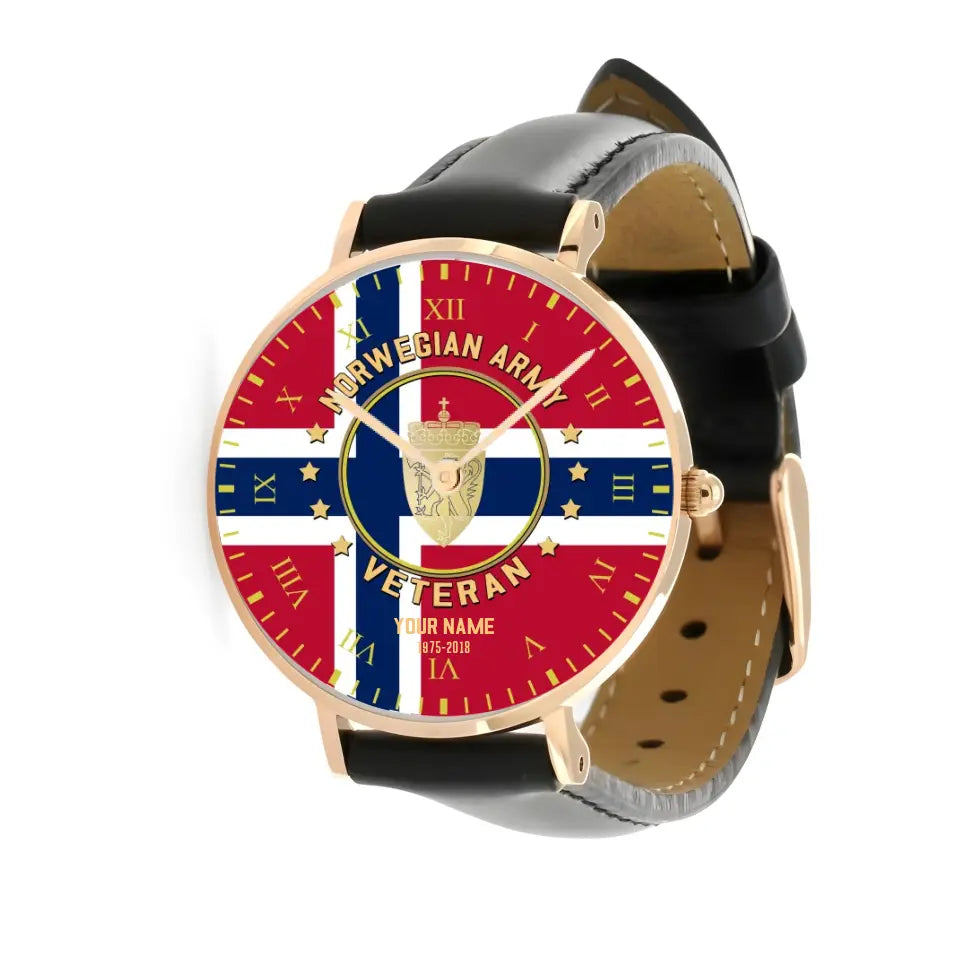 Personalized Norway Soldier/ Veteran With Name And Year Black Stitched Leather Watch - 17120160 - Gold Version