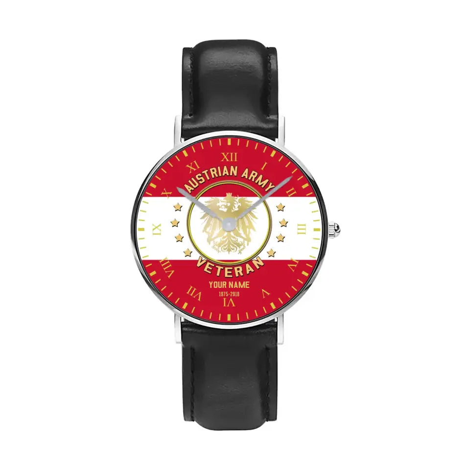 Personalized Austrian Soldier/ Veteran With Name And Year Black Stitched Leather Watch - 17120160 - Gold Version