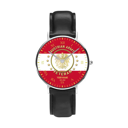Personalized Austrian Soldier/ Veteran With Name And Year Black Stitched Leather Watch - 17120160 - Gold Version
