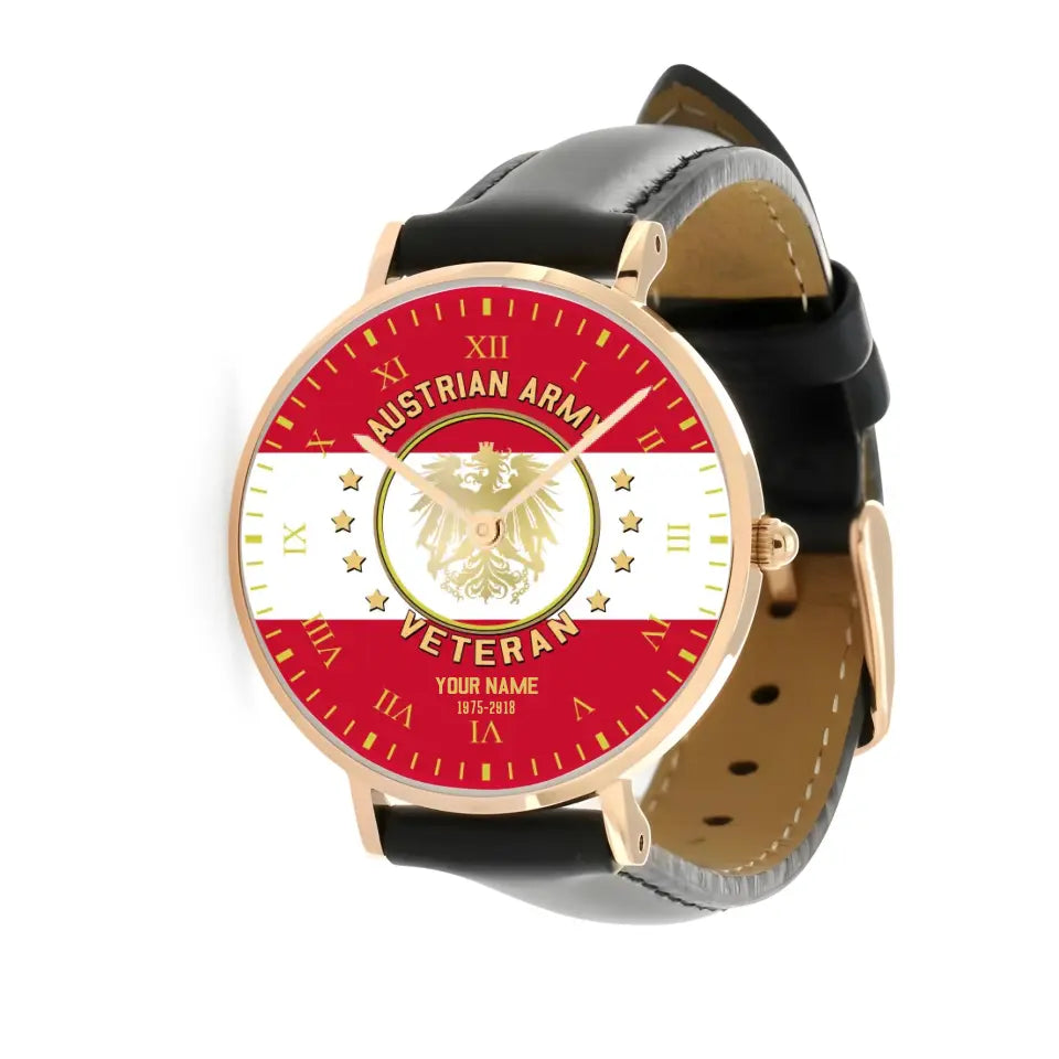 Personalized Austrian Soldier/ Veteran With Name And Year Black Stitched Leather Watch - 17120160 - Gold Version