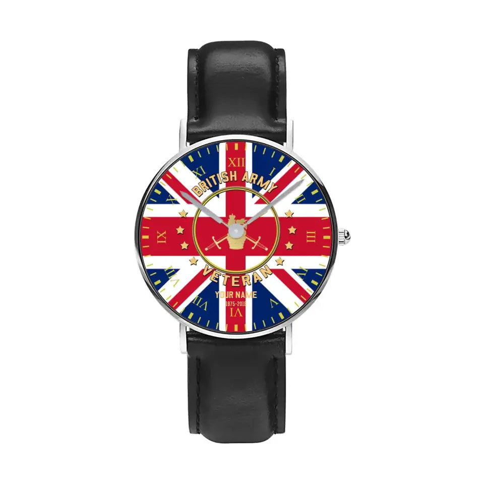Personalized UK Soldier/ Veteran With Name And Year Black Stitched Leather Watch - 17120160 - Gold Version