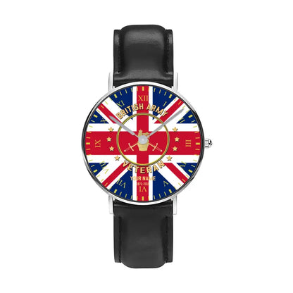 Personalized UK Soldier/ Veteran With Name And Year Black Stitched Leather Watch - 17120160 - Gold Version