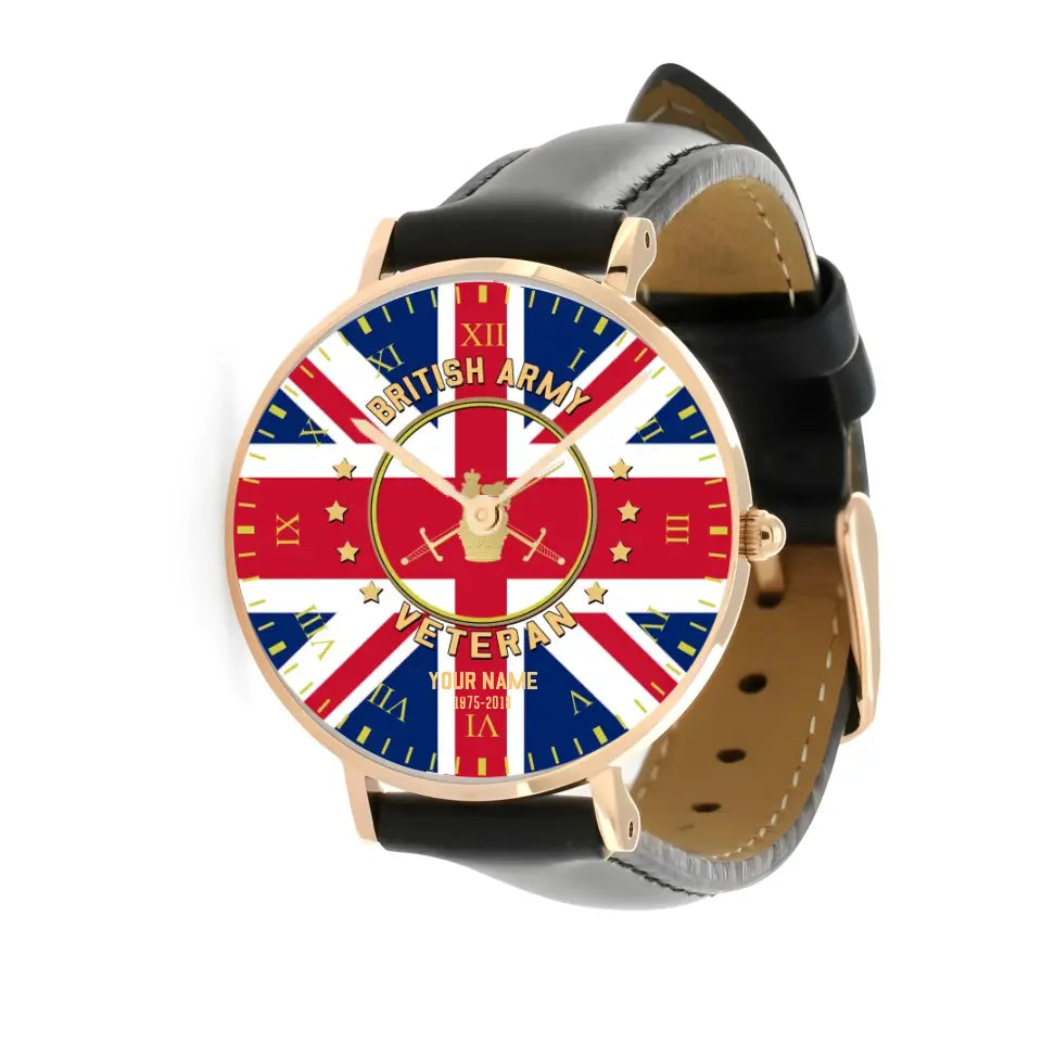 Personalized UK Soldier/ Veteran With Name And Year Black Stitched Leather Watch - 17120160 - Gold Version