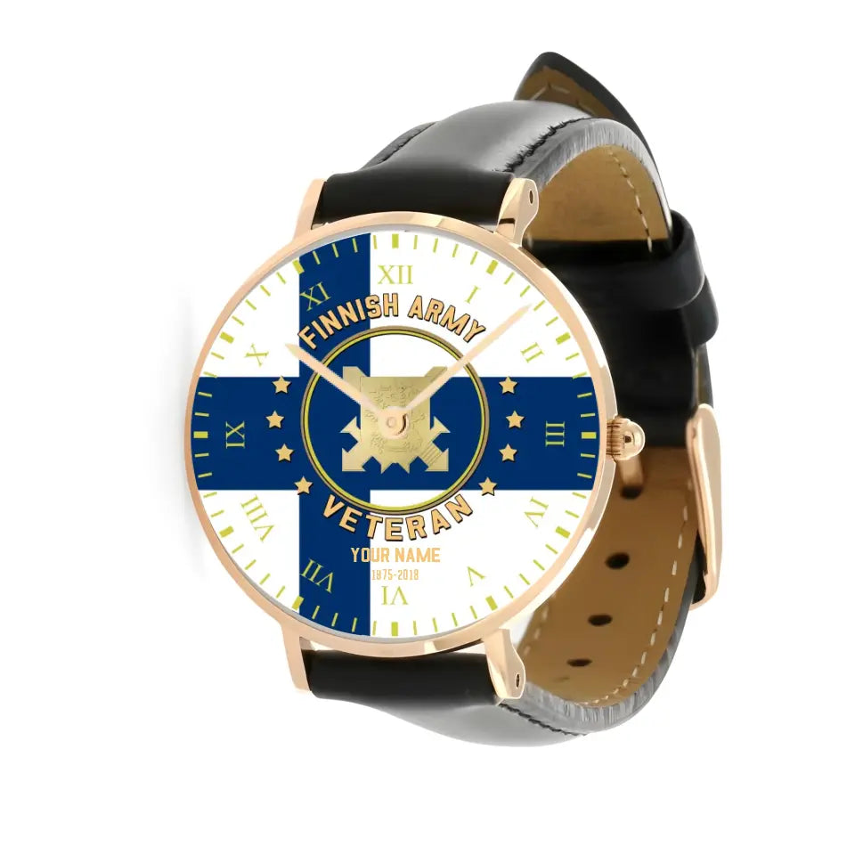 Personalized Finland Soldier/ Veteran With Name And Year Black Stitched Leather Watch - 0204240001 - Gold Version
