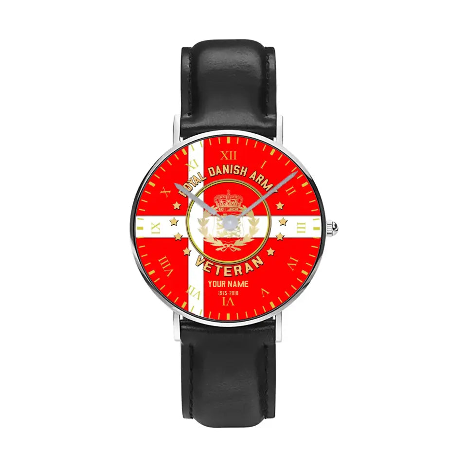 Personalized Denmark Soldier/ Veteran With Name And Year Black Stitched Leather Watch - 17120160 - Gold Version