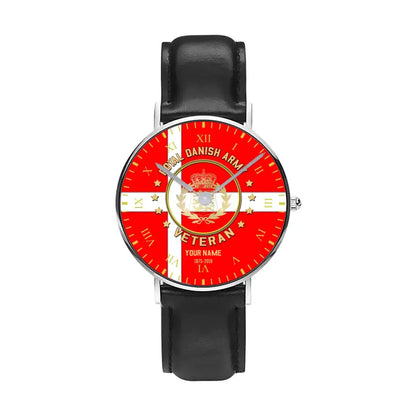 Personalized Denmark Soldier/ Veteran With Name And Year Black Stitched Leather Watch - 17120160 - Gold Version