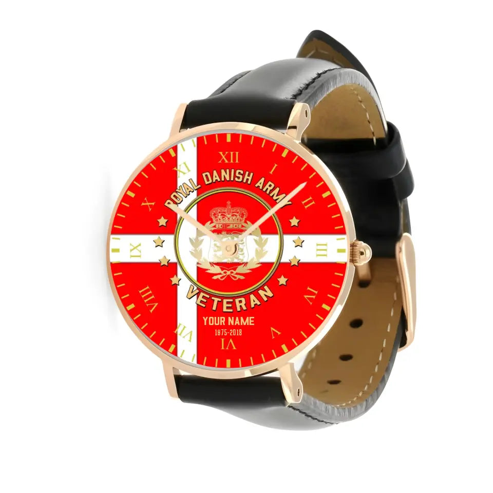 Personalized Denmark Soldier/ Veteran With Name And Year Black Stitched Leather Watch - 0204240001 - Gold Version