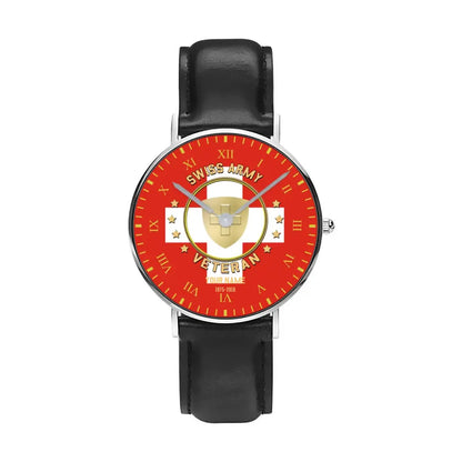 Montre personnalisée en cuir noir avec coutures noires pour soldat/vétéran suisse avec nom et année - 0204240001 - Version dorée