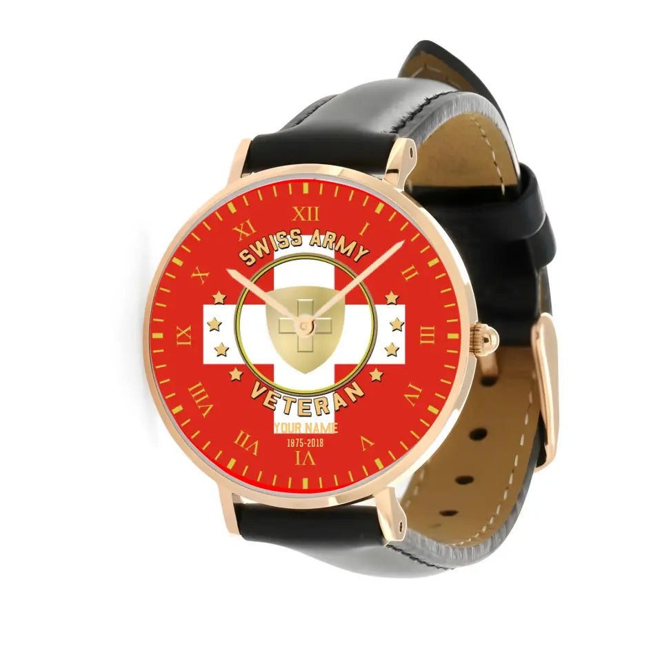 Personalized Swiss Soldier/ Veteran With Name And Year Black Stitched Leather Watch - 0204240001 - Gold Version