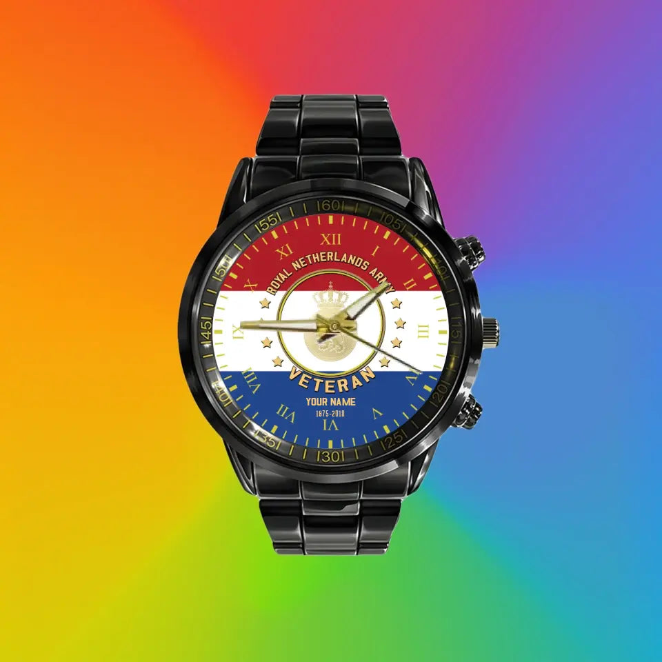 Personalized Netherlands Soldier/ Veteran With Name And Rank Black Stainless Steel Watch - 17120160 - Gold Version
