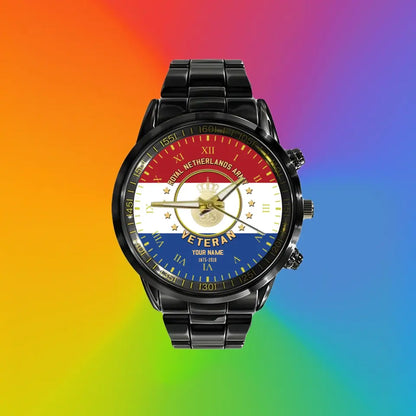 Personalized Netherlands Soldier/ Veteran With Name And Rank Black Stainless Steel Watch - 17120160 - Gold Version